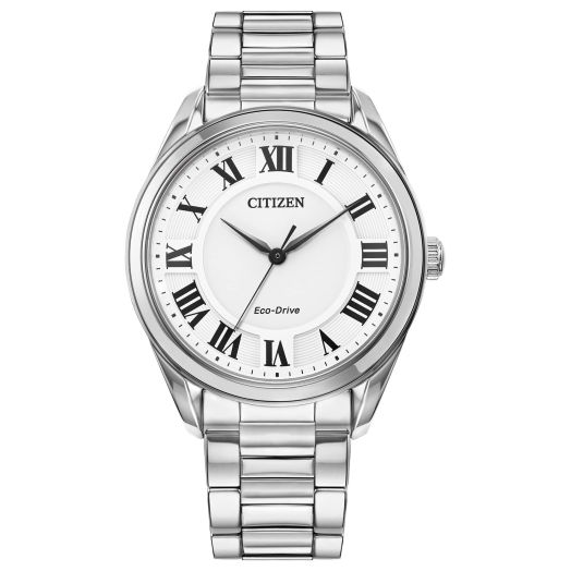 Citizen Eco-Drive Classic Arezzo Stainless Steel Watch with 3-Hand Date, Sapphire Crystal and Roman Numeral Markers