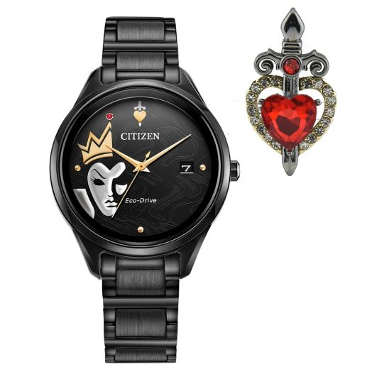 Citizen Women's Eco-Drive Disney Villain Evil Queen Crystal Watch and Pin Gift Set in Black IP Stainless Steel, Snow White Art Black Dial (Model: FE6107-68W)