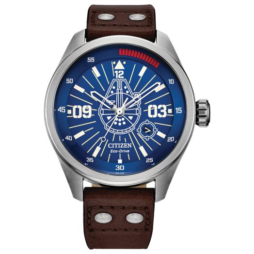 Citizen Eco-Drive Men's Star Wars Han Solo "Sometimes I Even Amaze Myself" Watch, Stainless Steel with Brown Leather Strap, Blue Dial, Luminous, 43mm (Model: AW5009-03W)