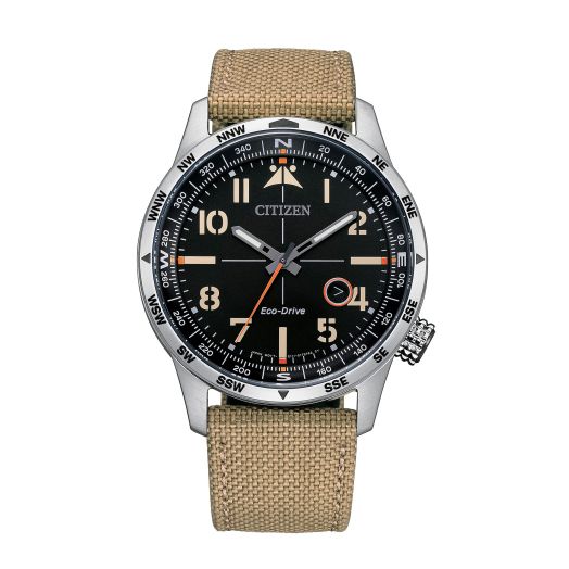 Citizen Men's Sport Casual Avion 3-Hand Date Eco-Drive Watch, Arabic Markers, Luminous Hands, Spherical Mineral Crystal, 100 Meters Water Resistant, Field Watch