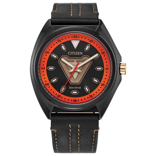 Citizen Men's Eco-Drive Marvel Tony Stark 63 Black Ion Plated Watch with Black Leather Strap, 3 Hand, Luminous, 43mm (Model: AW2075-05W)