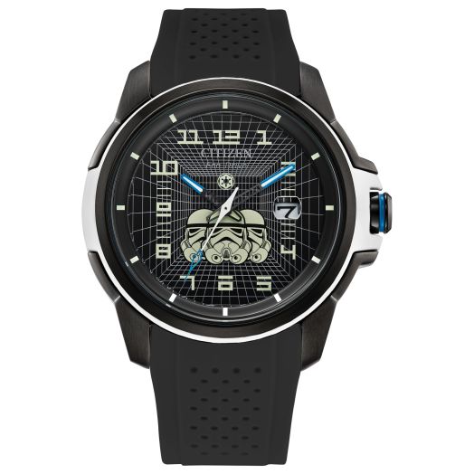 Citizen Men's Eco-Drive Star Wars Imperial Storm Trooper Black Ion Plated Stainless Steel Case Watch, Perforated Black Silicone Strap, Black Dial, 3 Hand (Model: AW1659-00W)