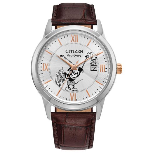 Citizen Eco-Drive Disney Steamboat Willie Mickey Mouse Stainless Steel Case Watch, Brown Leather Strap (Model: AW1788-07W)