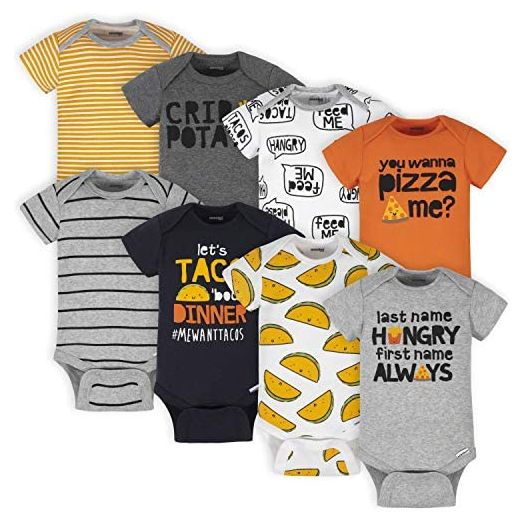 Onesies Brand Baby Boys' 8-Pack Short Sleeve Mix & Match Bodysuits, Grey Hungry, 12 Months
