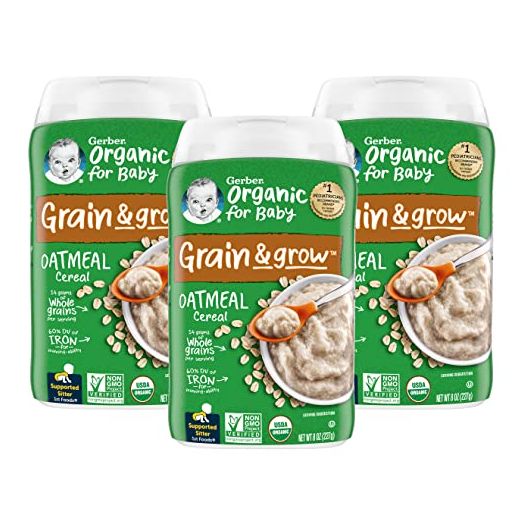Gerber Organic for Baby 1st Foods Grain & Grow Cereal, Oatmeal Cereal, Made with Whole Grains & Iron, USDA Organic & Non-GMO, 8-Ounce Canister (Pack of 3)