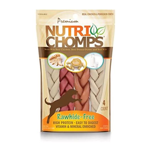NutriChomps Dog Chews, 6-inch Braids, Easy to Digest, Rawhide-Free Dog Treats, Healthy, Real Chicken, Peanut Butter and Milk flavors, Pack of 4
