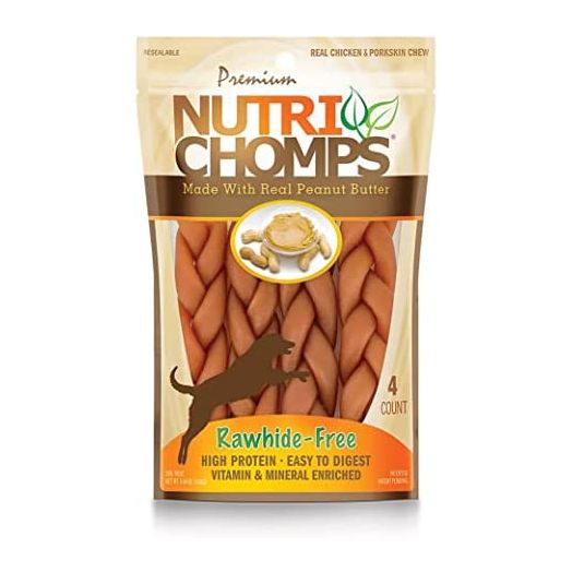NutriChomps Dog Chews, 6-inch Braids, Easy to Digest, Rawhide-Free Dog Treats, Healthy, 4 Count, Real Peanut Butter Flavor