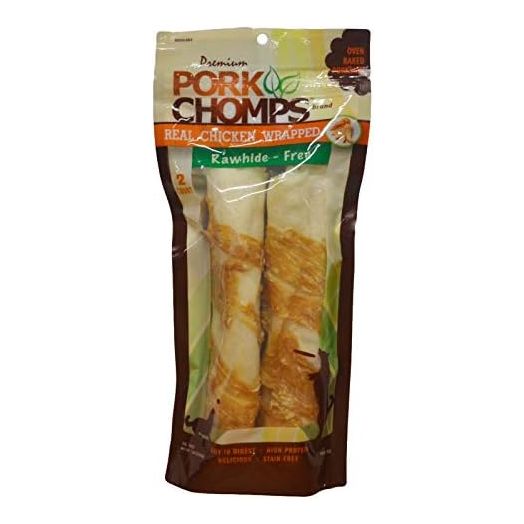 Pork Chomps Baked Pork Skin Dog Chews, 8-inch Rolls, Real Chicken Wrap, 2 Count