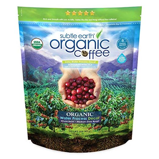 2LB Subtle Earth Organic Decaf - Swiss Water Process Decaf - Medium Dark Roast - Whole Bean Coffee - Low Acidity - Organic Certified by CCOF - 2 Pound Bag
