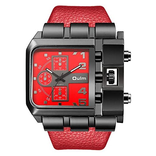 PASOY Men's Watch Big Dial 53MM Quartz Analog Watches Black Watch Sports Red Band Wrist Watch