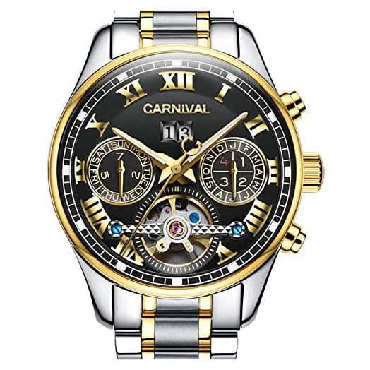 PASOY Men's Watch Automatic Mechanical Tourbillon Stainless Stell Date Blue Dial Skeleton Watch