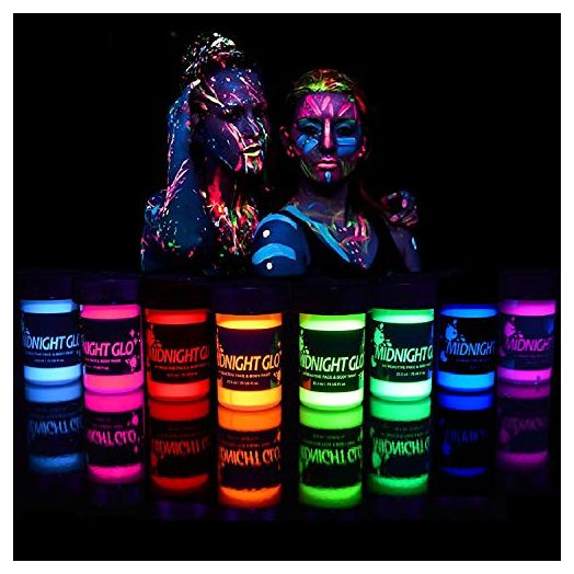Midnight Glo Black Light Face and Body Paint (Set of 8 Bottles 0.75 oz. Each) - Neon Fluorescent Paint Safe On Skin, Washable, Non-Toxic