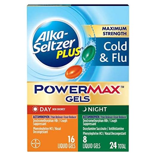 Alka-seltzer Plus Cold & Flu, Power Max Cold and Flu Medicine, Day +Night, For Adults with Pain Reliever, Fever Reducer, Cough Suppresant, Nasal Decongestant, Antihistamine, 24 Count