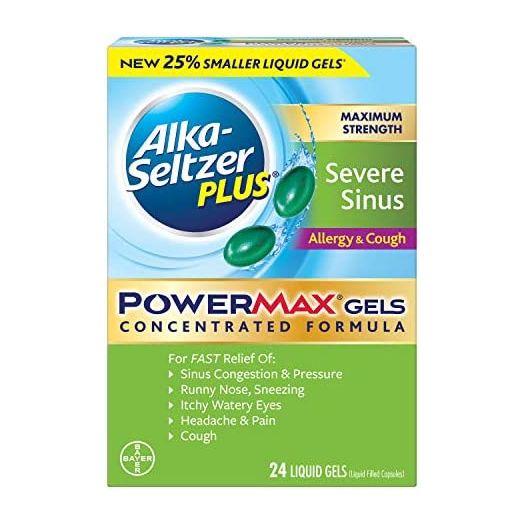 ALKA-SELTZER PLUS Maximum Strength PowerMax Allergy and Cough Medicine, Liquid Gels for Adults with Pain Reliever, Fever Reducer, Cough Suppressant, Antihistamine, Nasal Decongestant, 24 Count