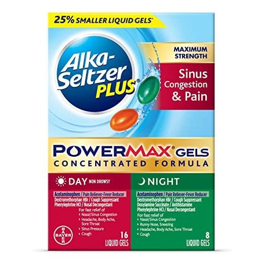 ALKA-SELTZER PLUS Maximum Strength PowerMax Sinus Congestion and Pain Medicine, Day + Night Liquid Gels for Adults with Pain Reliever, Fever Reducer, Cough Suppressant, Nasal Decongestant, 24 Count