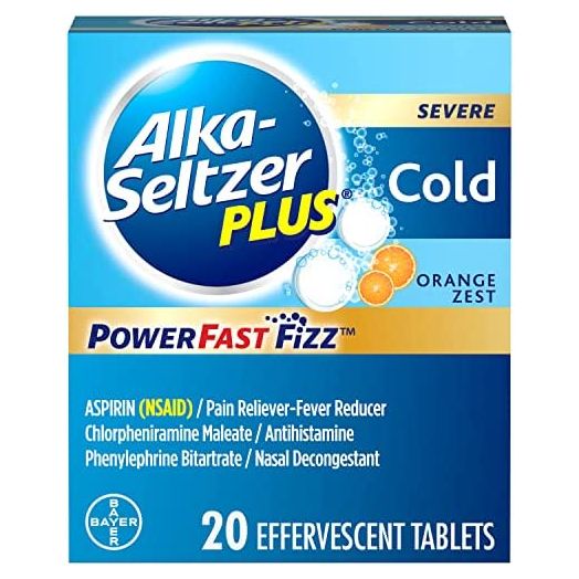 Alka-Seltzer Plus Severe, Cold, PowerFast Fizz, Zest Effervescent Tablets, for Adult with Headache, Sore Throat, Sinus Congestion, Runny Nose, Sneezing, Fever, Body Aches & Pains, Orange, 20 Count