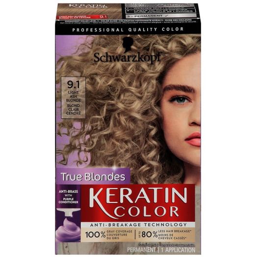 Schwarzkopf Keratin Permanent Hair Color Cream, 9.1 Light Ash Blonde, 1 Kit