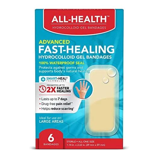 All Health Advanced Fast Healing Hydrocolloid Gel Bandages, Large, 6 ct | 2X Faster Healing for First Aid Blisters or Wound Care