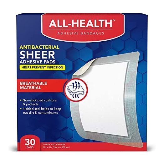 All Health Antibacterial Sheer Adhesive Pad Bandages, 3 in x 4 in, 30 ct | Helps Prevent Infection, Extra Large Comfortable Protection for First Aid and Wound Care