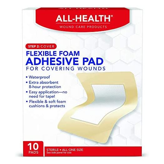 All Health Flexible Foam Adhesive Pad, 10 Pads, 3.5 in x 4.5 in, 8 Hour Protection | Waterproof Bandage for Covering Wounds