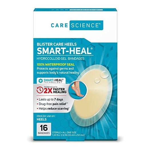 Care Science Fast Healing Hydrocolloid Gel Bandages for Heels, 1.3 in x 2.1 in, 16 Count | Blister Prevention, 100% Waterproof Seal Promotes Up to 2X Faster Healing, for Wound Care or Blisters