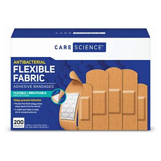 Care Science Antibacterial Fabric Adhesive Bandages, 200 ct Bulk Assorted Sizes | Flexible + Breathable Protection Helps Prevent Infection for First Aid and Wound Care