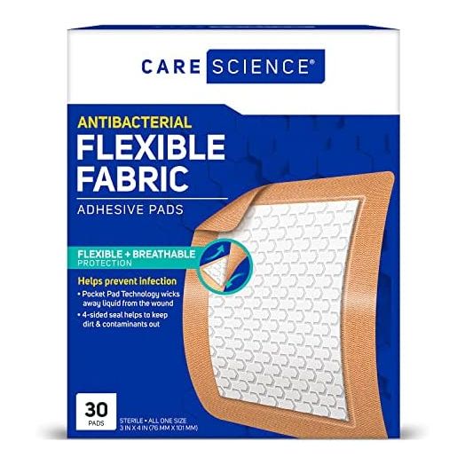Care Science Antibacterial Fabric Adhesive Pad Bandages , 3x4 inches Extra Large Flexible Non-Stick Strip , Helps Prevent Infection , Breathable Protection , for First Aid & Wound Care , 30 Count