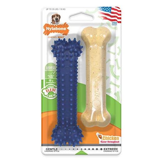 Nylabone Dental Chew and Flexi Bone Combo Pack Dog Chew Toys Chicken Flavor Medium/Wolf - Up to 35 lbs.