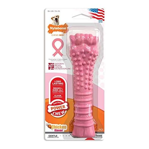 Nylabone Power Chew Textured Pink Breast Cancer Awareness Chew Toy - Tough and Durable Dog Bone for Aggressive Chewers - Chicken Flavor, X-Large/Souper (1 Count)