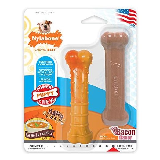 Nylabone Puppy Power Chew Toy - Tough and Durable Puppy Chew Toy for Teething - Puppy Supplies - Bacon & Beef Broth Flavor, Small (2 Count)