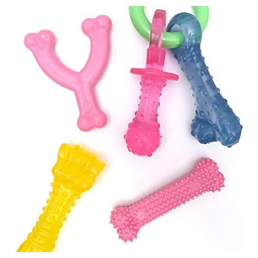 Nylabone Puppy Chew Toy Bundle - Puppy Chew Toys for Teething - Puppy Supplies - Chicken & Bacon Flavors, Pink, X-Small/Petite (4 Count)
