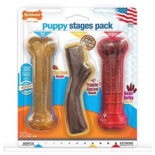 Nylabone Puppy Stages Dog Chew Toy Pack - Puppy Chew Toys for Teething and Chewing - Puppy Supplies - Chicken, Maple Bacon, and Beef Jerky Flavors, Medium/Wolf (3 Count)