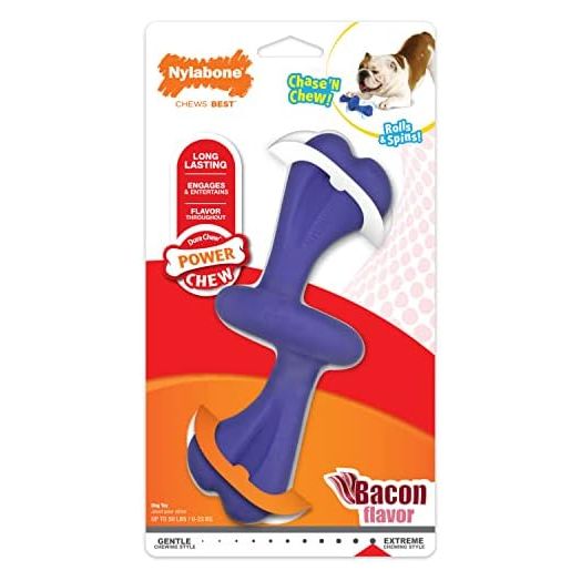 Nylabone Rolling Dog Toy Power Chew Dog Toy for Aggressive Chewers - Spin and Chase Dog Toy - Bacon Flavored Chew Toy for Dogs - Large/Giant (1-Count)