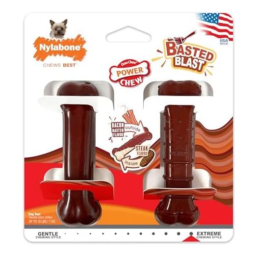 Nylabone Power Chew Basted Blast Dual Flavored Dog Chew Toys for Aggressive Chewers - Durable Dog Bones with 2 Layers of Flavor - Bacon and Steak Flavor, X-Small/Petite (2 Count)
