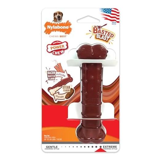 Nylabone Power Chew Basted Blast Dual Flavored Dog Chew Toys for Aggressive Chewers - Durable Dog Bones with 2 Layers of Flavor - Bacon and Steak Flavor, Medium/Wolf (1 Count)