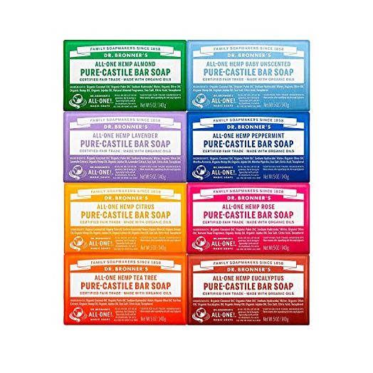 Dr. Bronner's - Pure-Castile Bar Soap (5 oz Variety Pack) Almond, Unscented, Lavender, Peppermint, Citrus, Rose, Tea Tree, & Eucalyptus - Made with Organic Oils, For Face, Body & Hair, Gentle & Moisturizing | 8 Count