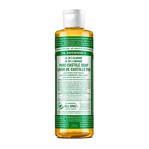 Dr. Bronner’s - Pure-Castile Liquid Soap (Almond, 8 ounce) - Made with Organic Oils, 18-in-1 Uses: Face, Body, Hair, Laundry, Pets and Dishes, Concentrated, Vegan, Non-GMO