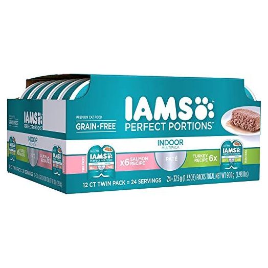 Iams Premium Cat Food Grain Free Perfect PORTIONS Indoor Multi Pack 6- (12-Servings) Salmon Recipe, 6- (12-Servings) Turkey Recipe