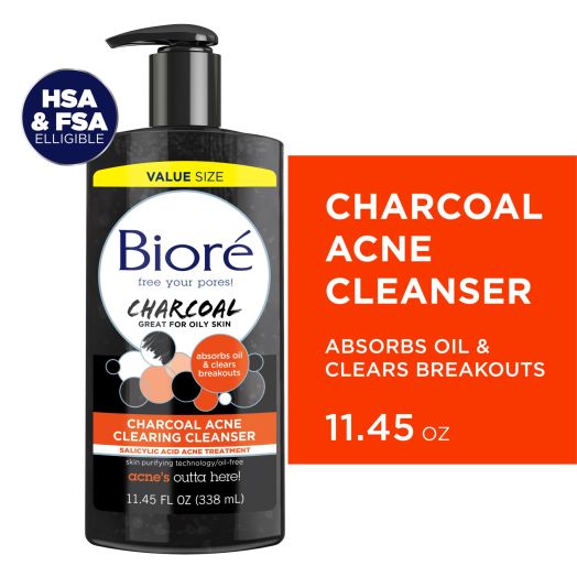 Biore Charcoal 1% Salicylic Acid Acne-Clearing Facial Cleanser, for Normal to Oily Skin, 11.45 fl oz (HSA/FSA Approved)