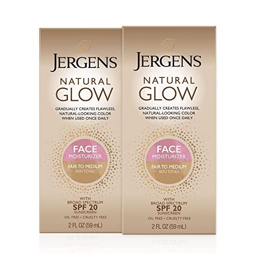 Jergens Natural Glow Face Self Tanner Lotion, SPF 20 Sunless Tanning, Fair to Medium Skin Tone, Daily Facial Sunscreen, Oil Free, Broad Spectrum Protection, 2 oz, Pack of 2 (Packaging May Vary)