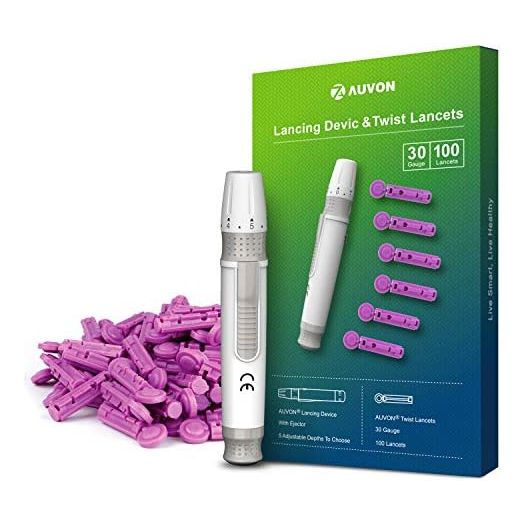 AUVON Lancing Device with Less Pain Design, Blood Sample Pen and Twist Top 100pcs 30 Gauge Lancets for Blood Sugar Level Monitoring