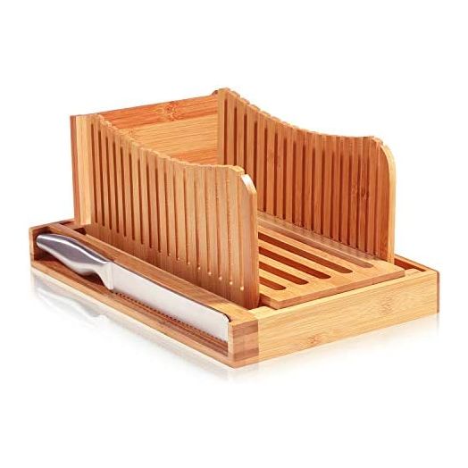 Bamboo Bread Slicer Cutting Guide with Knife - 3 Slice Thickness, Foldable Compact Cutting Board with Crumb Tray, Stainless Steel Bread Knife - for Homemade Bread, Cake, Bagels 5.5” Wide x 5” Tall
