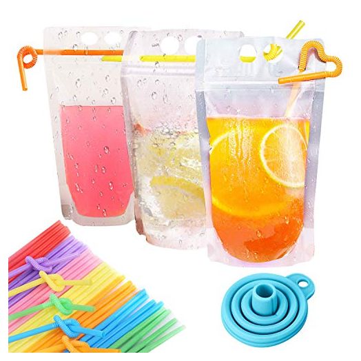 125Pcs Drink Pouches for Adults with Individual Package Straws Reclosable Zipper Smoothie Bags Juice Pouches Heavy Duty Hand-held Cold & Hot Drinks,BPA & Phthalate Free - Funnel Included