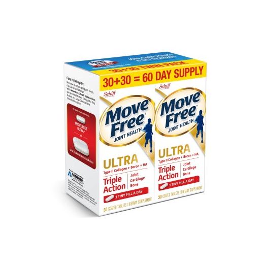 Move Free Ultra Triple Action, 60 count (2x30ct Twin Pack) - Joint Health Supplement with Type II Collagen, Boron and HA, One Tiny Pill