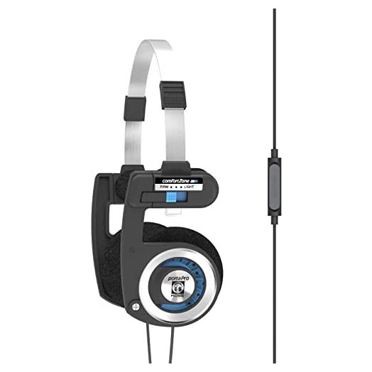 Koss Porta Pro with Microphone and Remote On-Ear Headphones, in-Line Microphone and Touch Remote Control, Collapsible Design, Wired with 3.5mm Plug, Black and Silver