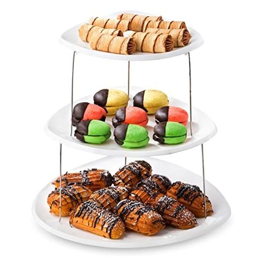 Collapsible Party Tray, 3 Tier - The Decorative Plastic Appetizer Trays Twist Down and Fold Inside for Minimal Storage Space. An Elegant Tray for Serving Sandwiches, Cake, Sliced Cheese and Deli Meat.
