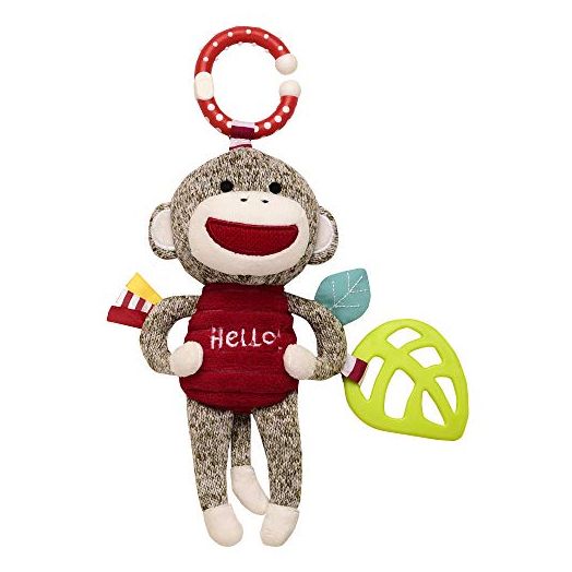 Baby Starters Sock Monkey Crinkle, Rattle, Squeak Plush with Travel Hook, 9 inch