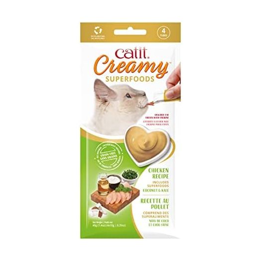 Catit Creamy Superfood Lickable Cat Treat – Hydrating and Healthy Treat for Cats of All Ages - Chicken with Coconut & Kale, 4-Pack
