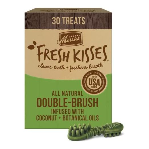 Merrick Fresh Kisses Dog Dental Treats, Coconut Plus Botanical Oils Recipe, Dog Treats for Medium Breeds 25-50 Lbs - 1.88 lb Box with 30 Brushes