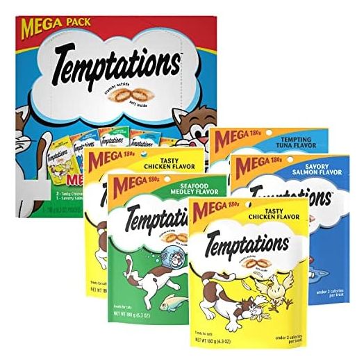 TEMPTATIONS Classic Crunchy and Soft Cat Treats Mega Pack, (5) 6.3 oz. Pouches